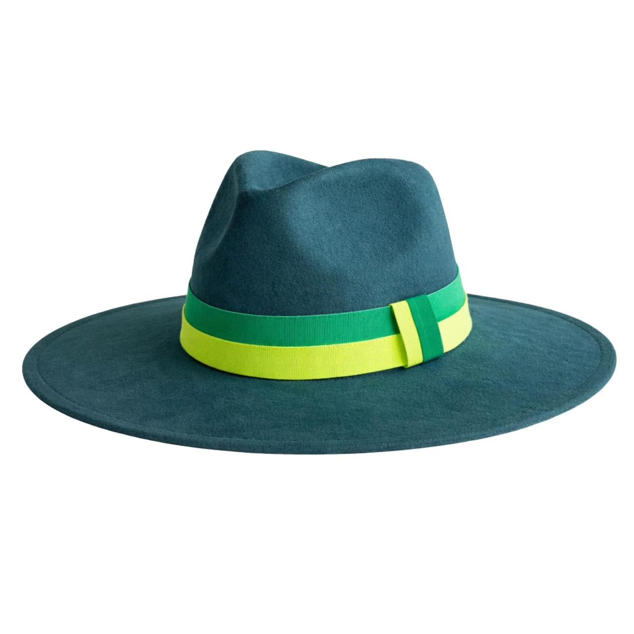 Teal hat with a green and yellow band on a white background