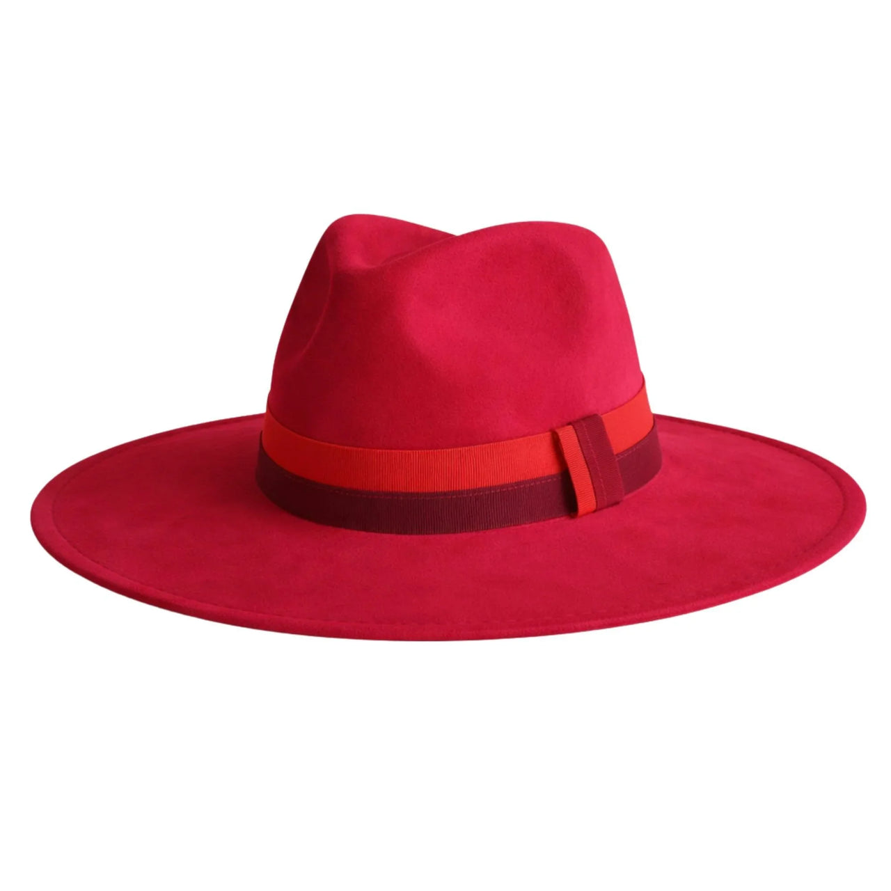 Lipstick red fedora hat with a wide brim and red band on a white background