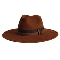 Thumbnail for Brown fedora wide brimmed hat with a brown and dark brown band on a white background