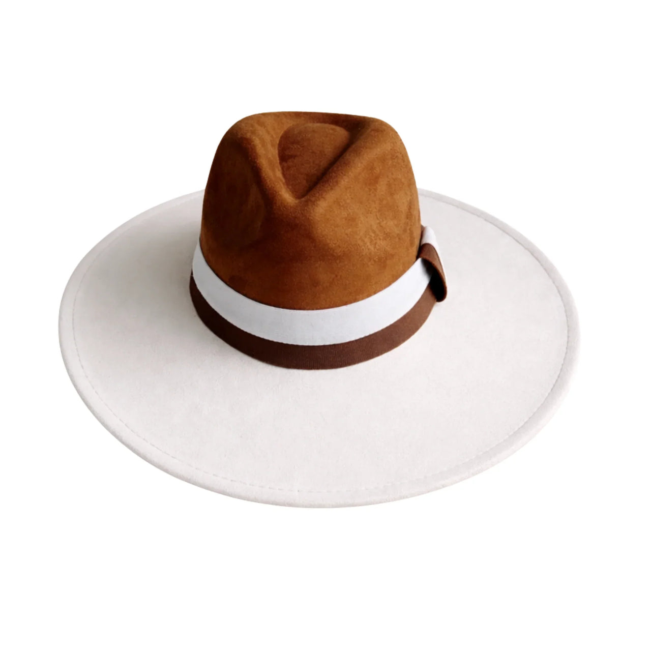 Brown and white fedora hat on a white background
