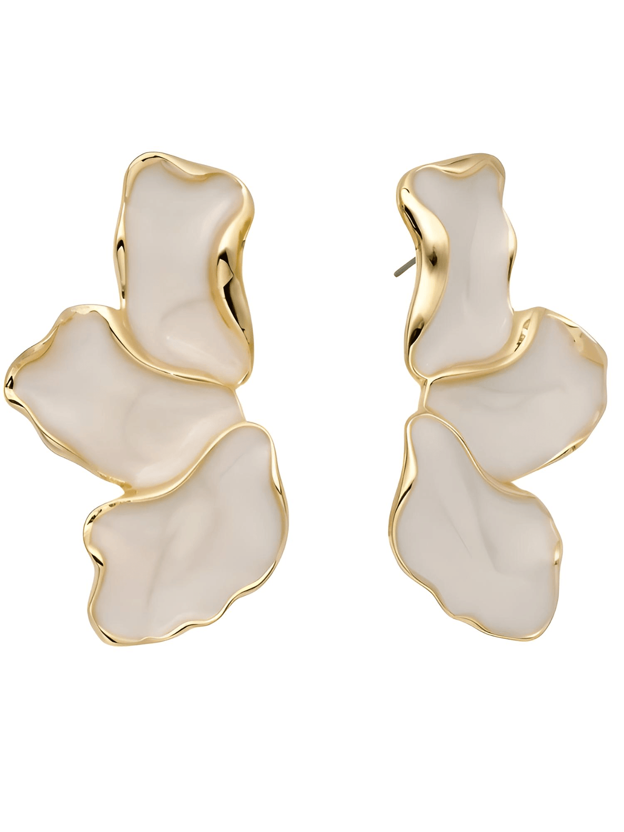 Cream Epoxy Metal Flower Stud Earrings Women's Fashion Gold Color Plating Irregular Post Earrings Heavy Design Statement Earrings, Drestiny, Earrings, Gold, Cream, Trendy Accessories, Gender_Women, United States, USA, Canada, Australia, New Zealand, United Kingdom, UK, Metal flower stud earrings, gold flower stud earrings, Small metal flower earrings, cute metal flower studs, shopdrestiny.com