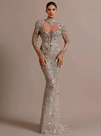 Thumbnail for Crystal Illusion Long Dress Silver Beaded Open Back Sheath Long Sleeve Mermaid Prom Party Evening Gown, Drestiny, Dresses, Maxi Dresses, Long Sleeves, S, M, L, United States, USA, Canada, Beige, illusion crystal dress, long crystal gown, sparkly illusion dress, sheer crystal long dress, crystal embellished illusion dress, shopdrestiny.com