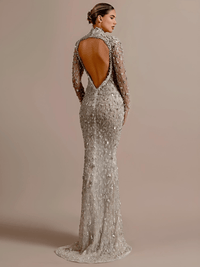 Thumbnail for Crystal Illusion Long Dress Silver Beaded Open Back Sheath Long Sleeve Mermaid Prom Party Evening Gown