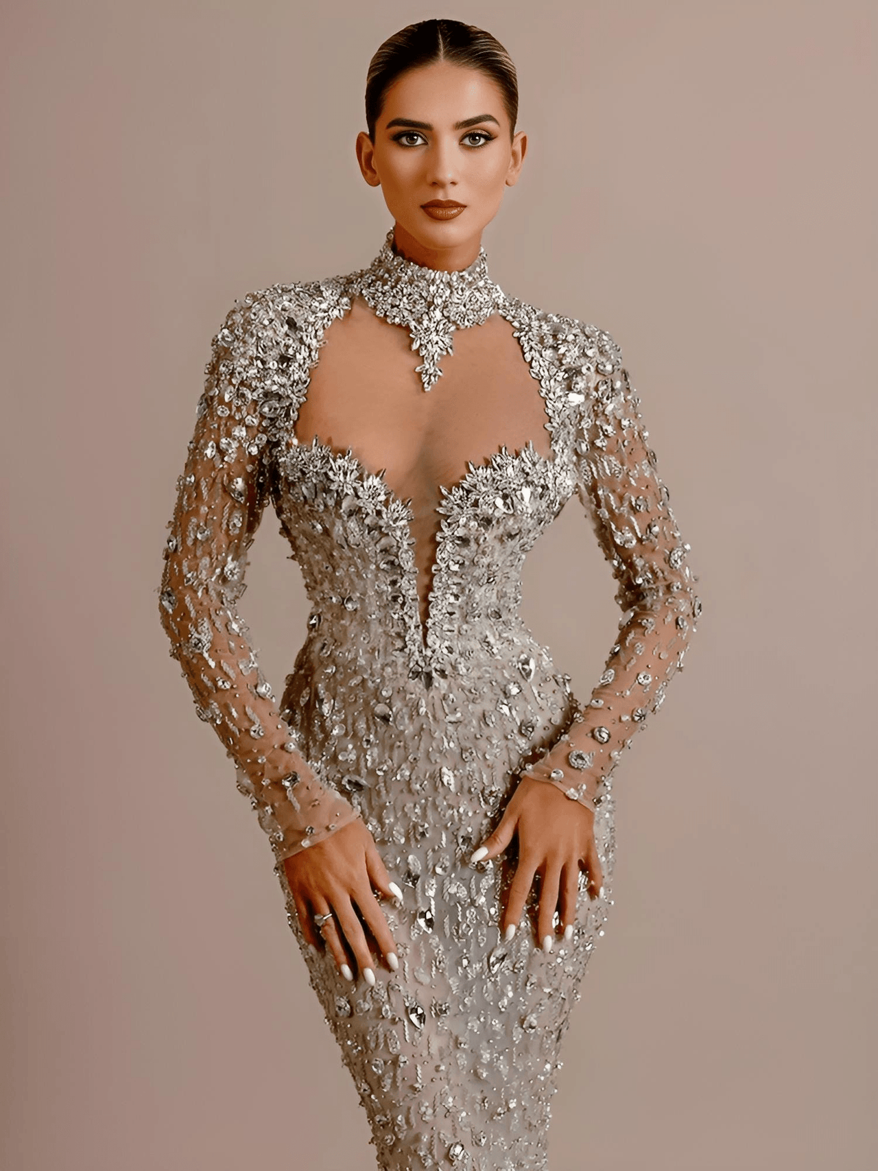 Crystal Illusion Long Dress Silver Beaded Open Back Sheath Long Sleeve Mermaid Prom Party Evening Gown