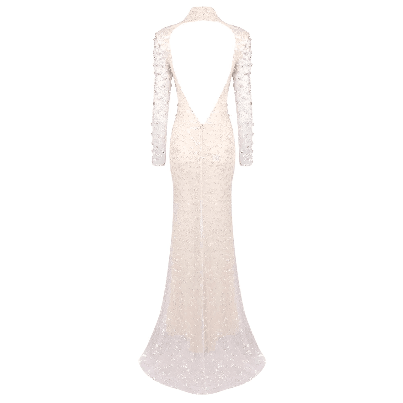 Crystal Illusion Long Dress Silver Beaded Open Back Sheath Long Sleeve Mermaid Prom Party Evening Gown