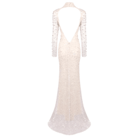 Thumbnail for Crystal Illusion Long Dress Silver Beaded Open Back Sheath Long Sleeve Mermaid Prom Party Evening Gown