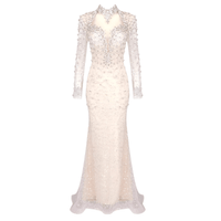 Thumbnail for Crystal Illusion Long Dress Silver Beaded Open Back Sheath Long Sleeve Mermaid Prom Party Evening Gown