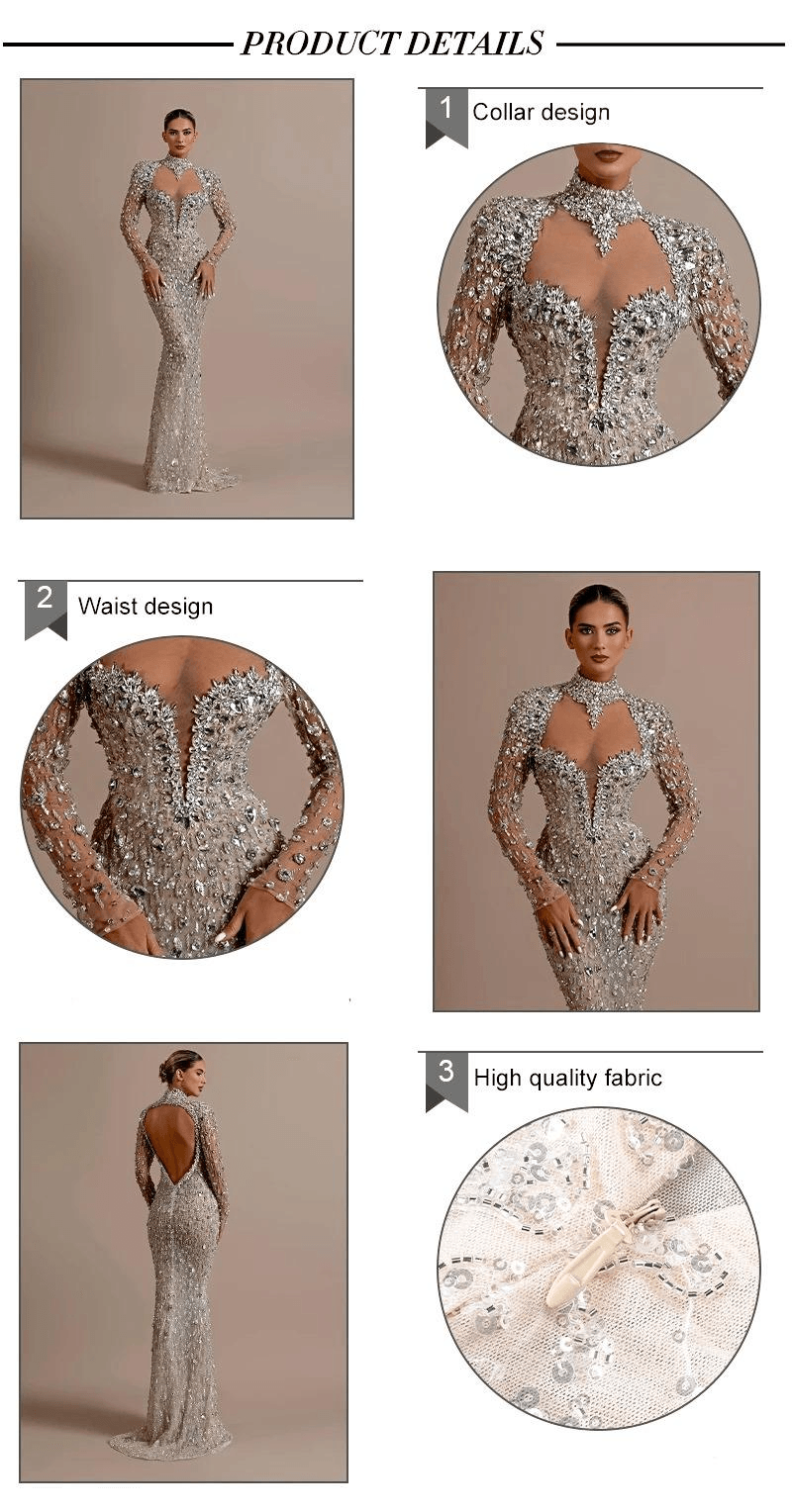 Crystal Illusion Long Dress Silver Beaded Open Back Sheath Long Sleeve Mermaid Prom Party Evening Gown