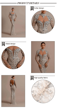 Thumbnail for Crystal Illusion Long Dress Silver Beaded Open Back Sheath Long Sleeve Mermaid Prom Party Evening Gown