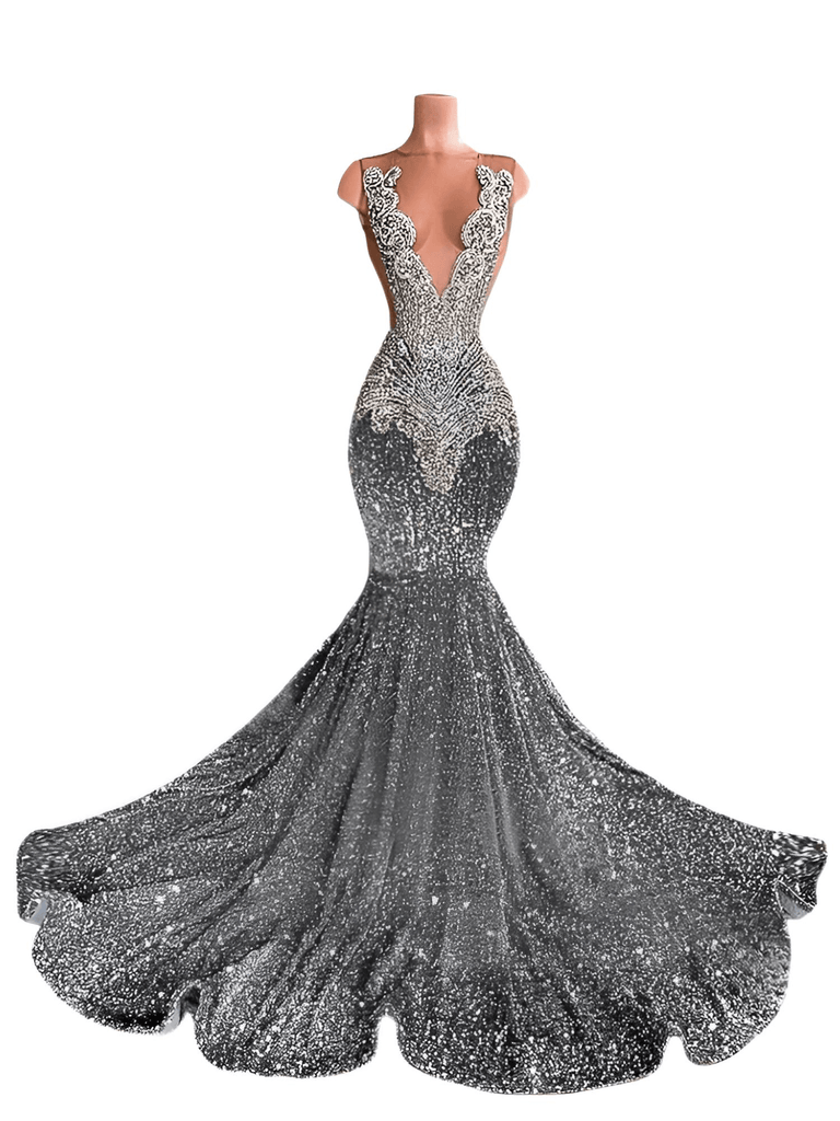Silver Crystal & Sequin Beaded Deep V-Neck Maxi Dress