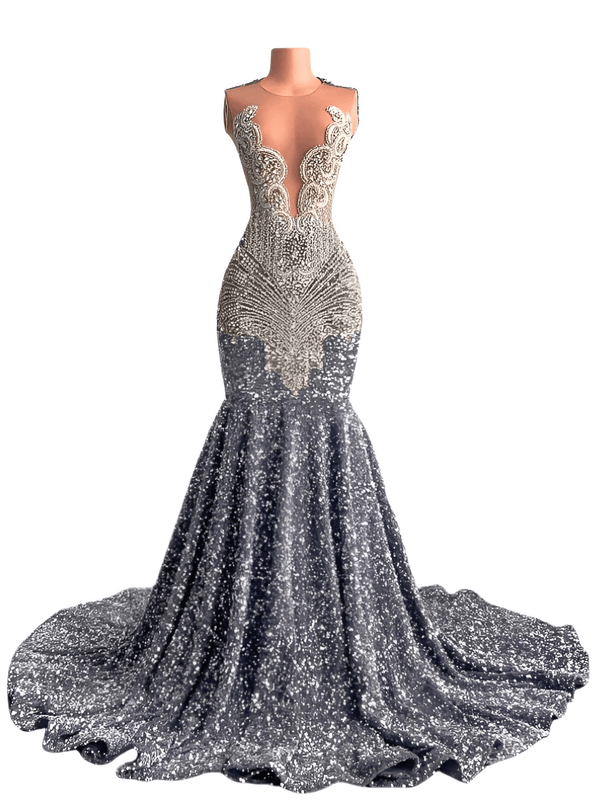 Crystal & Sequin Beaded Deep V-Neck Maxi Dress