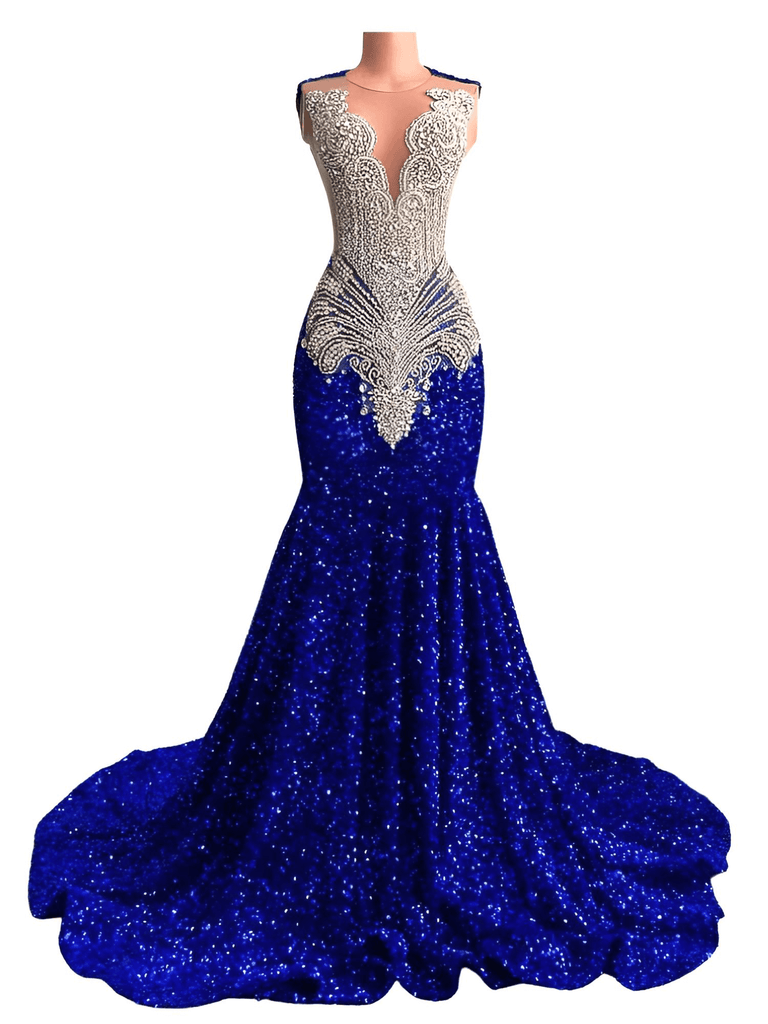 Royal Blue Crystal & Sequin Beaded Deep V-Neck Maxi Dress