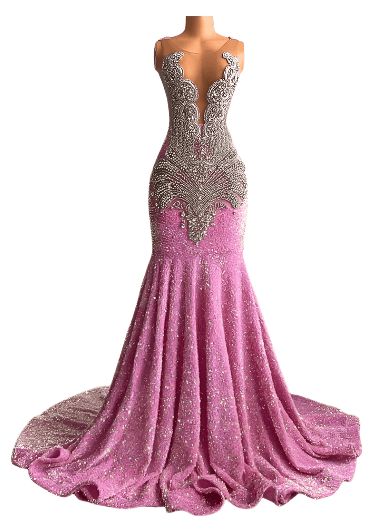 Pink Crystal & Sequin Beaded Deep V-Neck Maxi Dress