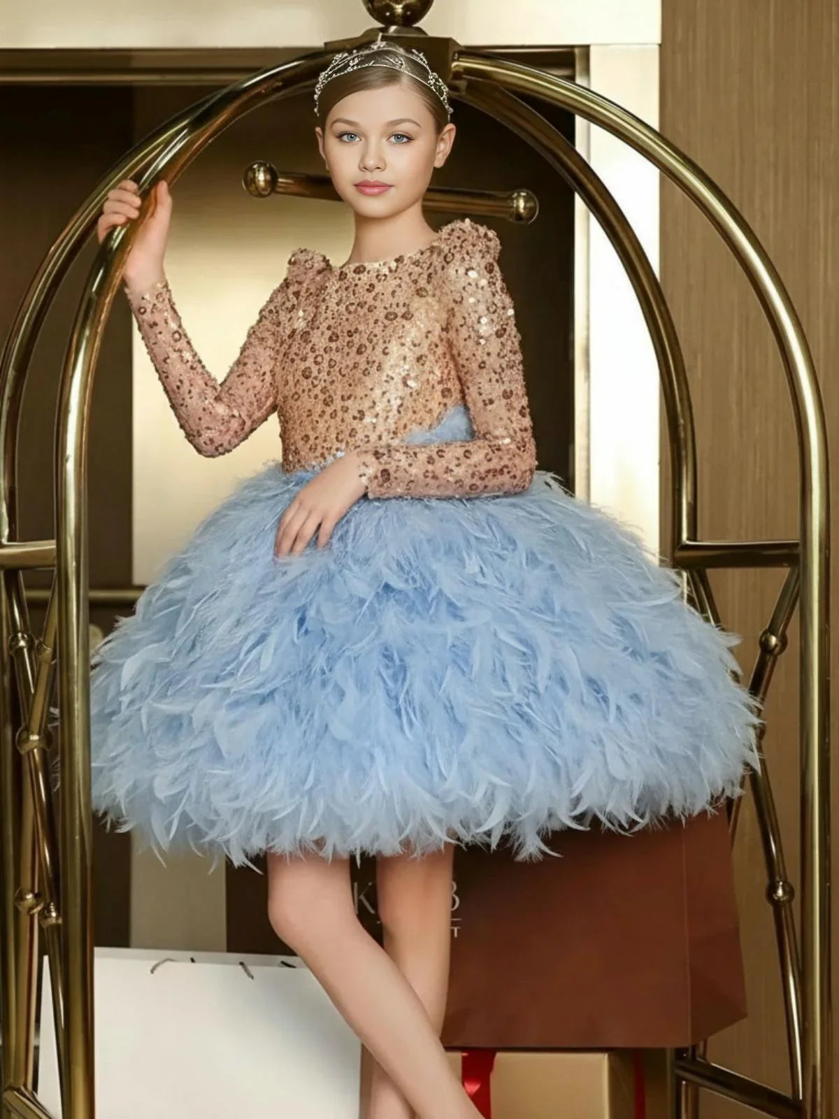 Custom Girls Feather Sequin Dress Full Sleeves Christmas Party Gown for Birthday