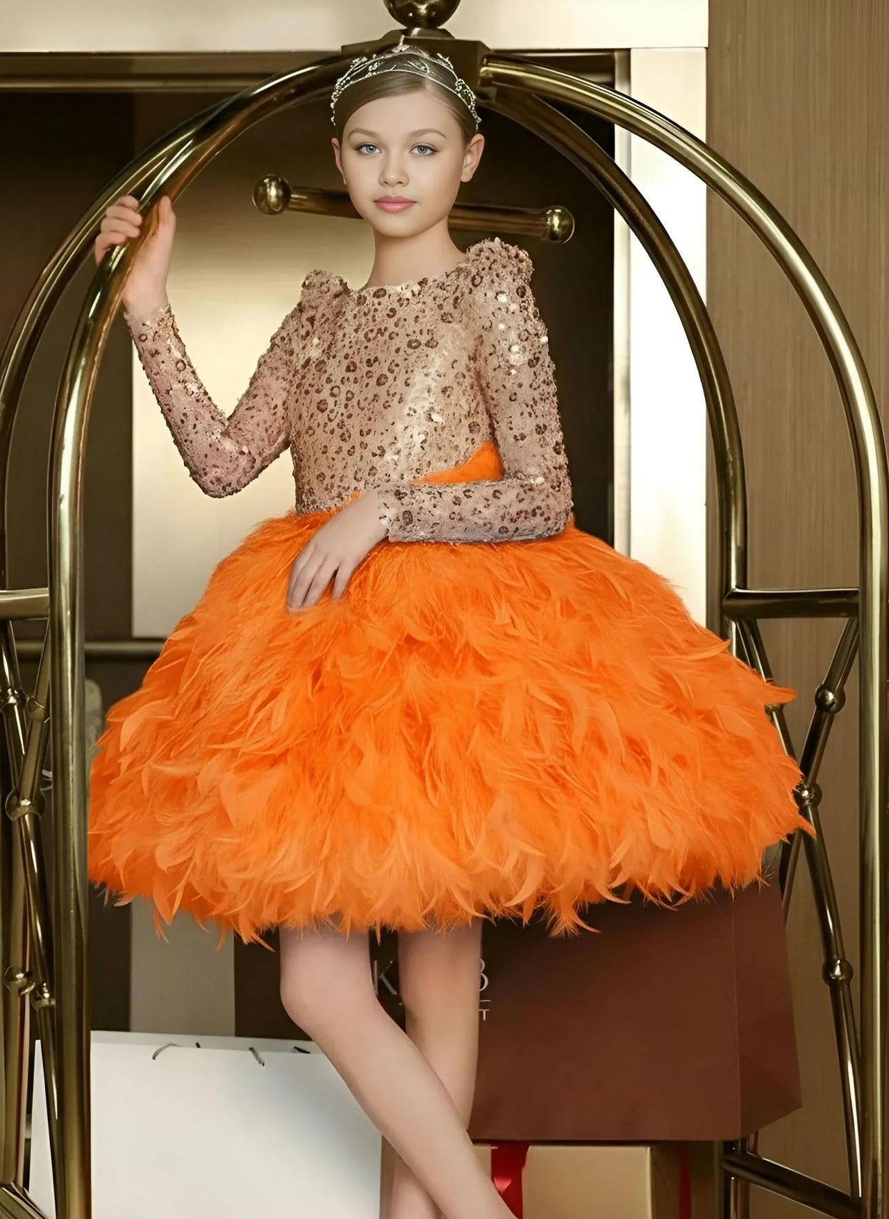 Custom Girls Feather Sequin Dress Full Sleeves Christmas Party Gown for Birthday