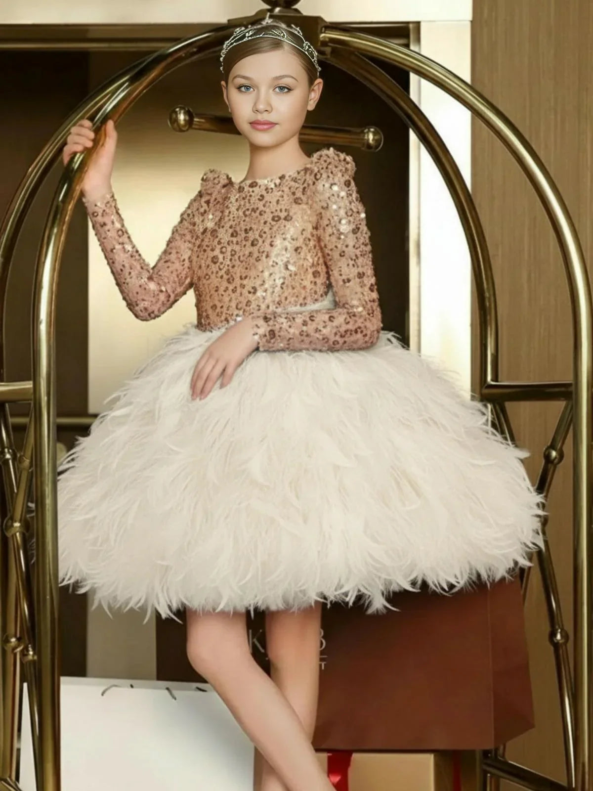 Custom Girls Feather Sequin Dress Full Sleeves Christmas Party Gown for Birthday