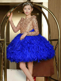 Thumbnail for Custom Girls Feather Sequin Dress Full Sleeves Christmas Party Gown for Birthday
