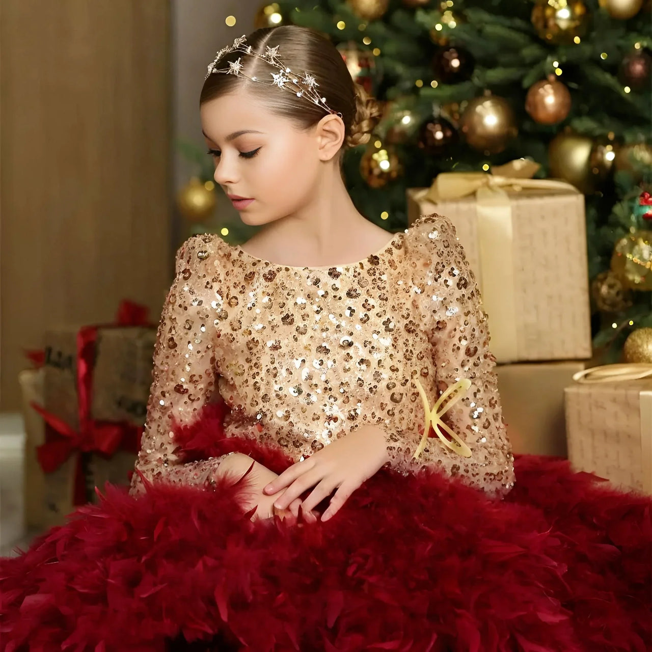 Custom Girls Feather Sequin Dress Full Sleeves Christmas Party Gown for Birthday
