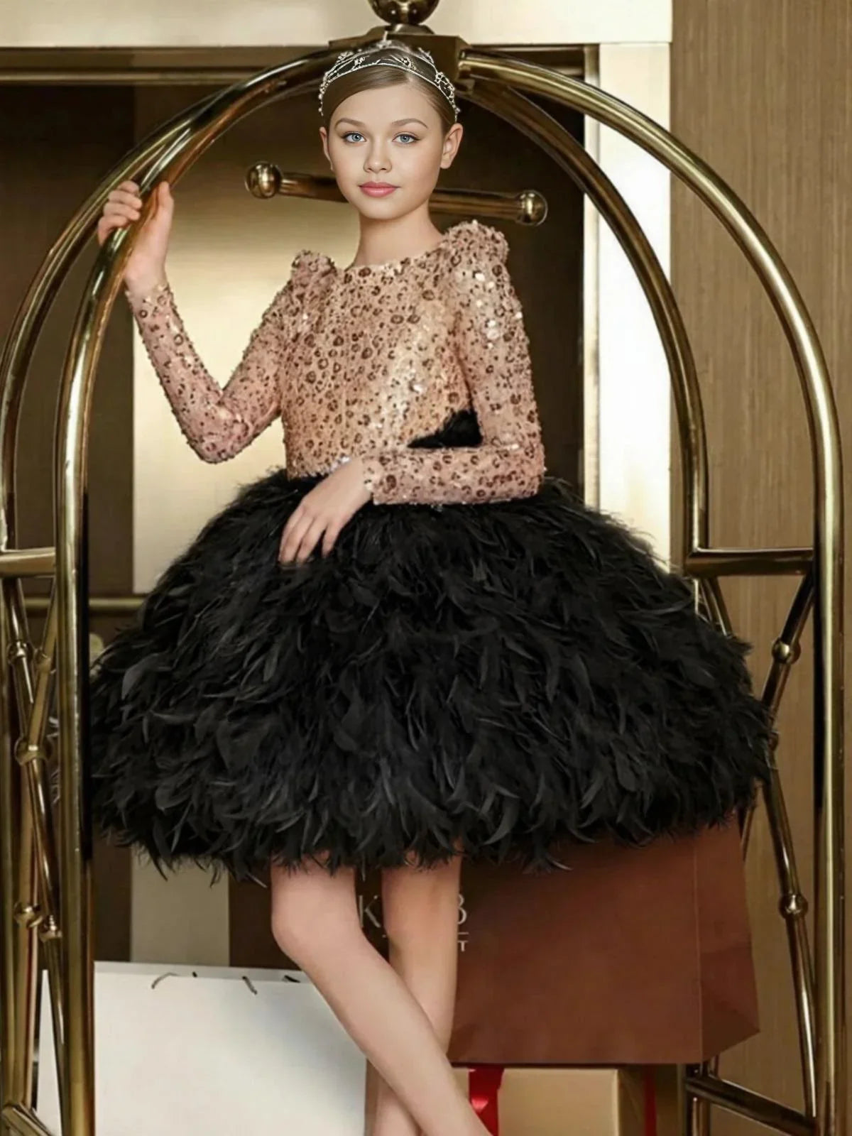 Custom Girls Feather Sequin Dress Full Sleeves Christmas Party Gown for Birthday