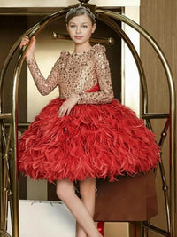 Thumbnail for Custom Girls Feather Sequin Dress Full Sleeves Christmas Party Gown for Birthday