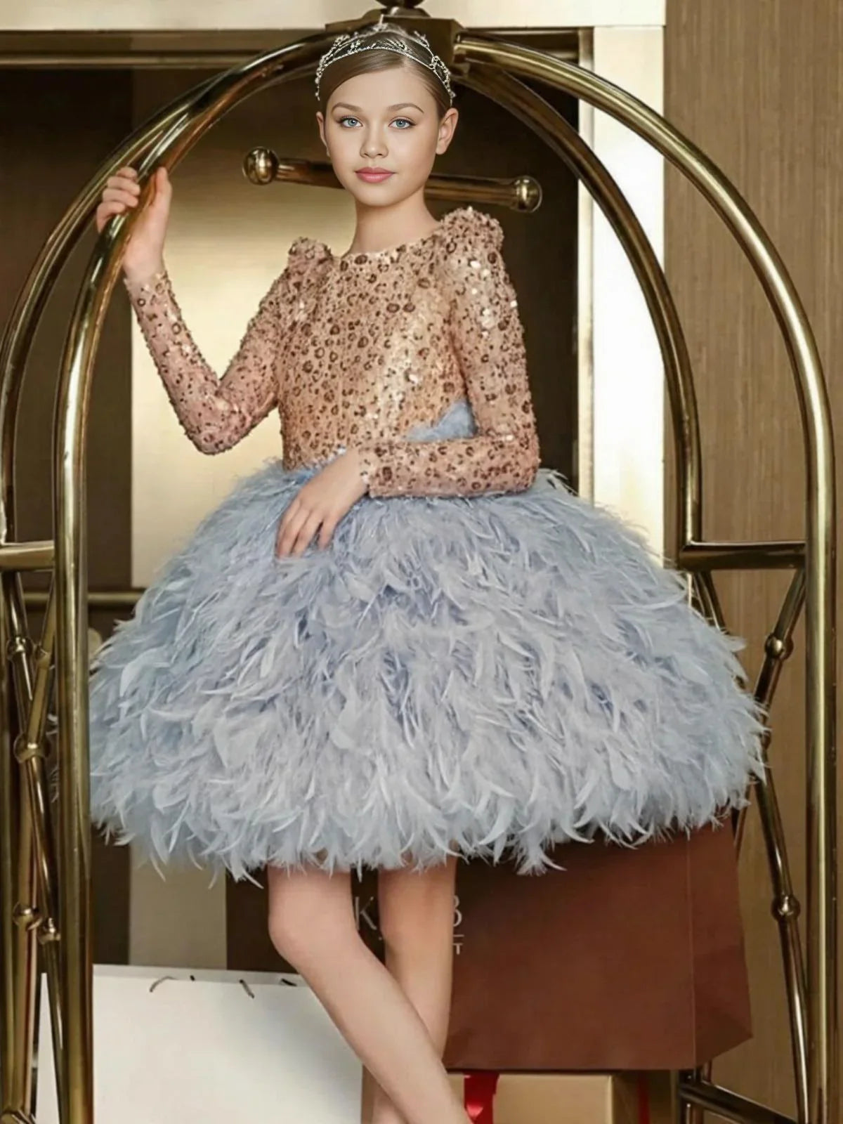 Custom Girls Feather Sequin Dress Full Sleeves Christmas Party Gown for Birthday