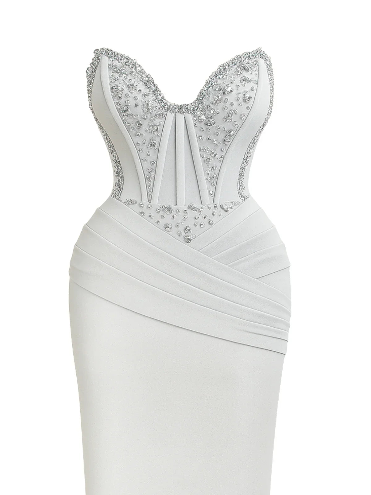 Grey evening gown with silver embellishments on a white background