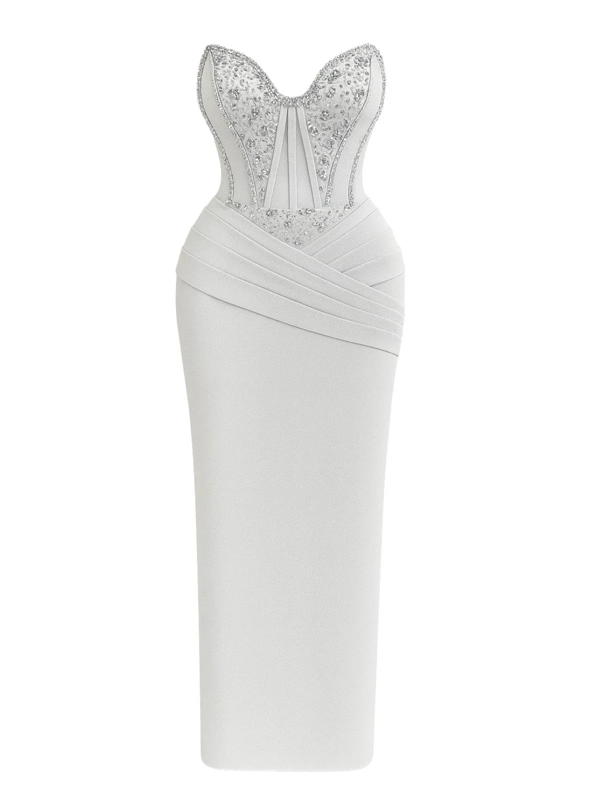 Grey evening gown with sequin embellishments on a white background