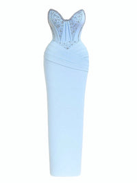 Thumbnail for Light blue evening gown with crystal detailing on a white background