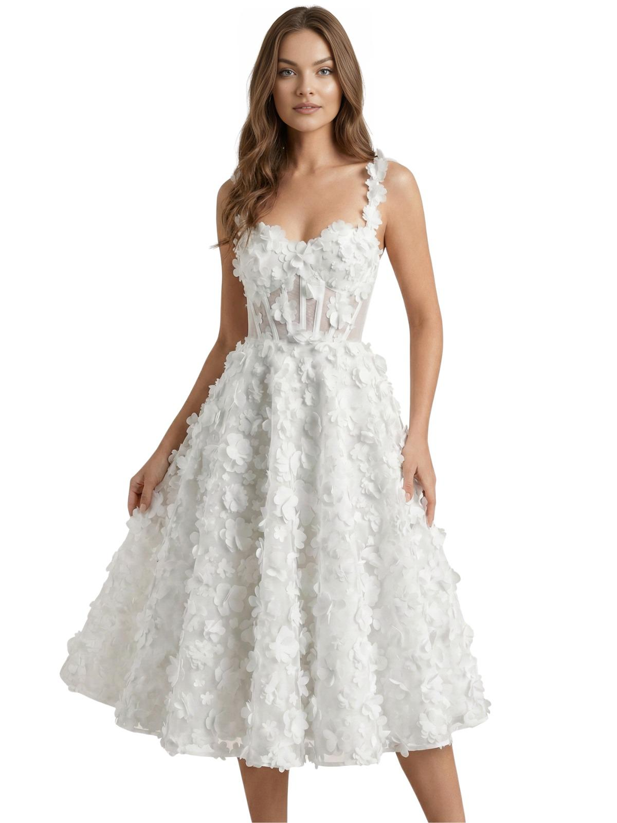 Custom White 3D Floral Appliqué Corset Dress Lace Embroidery Evening Dress Lace-Up Spaghetti Strap Party Dress - Now in Midi Length Too!