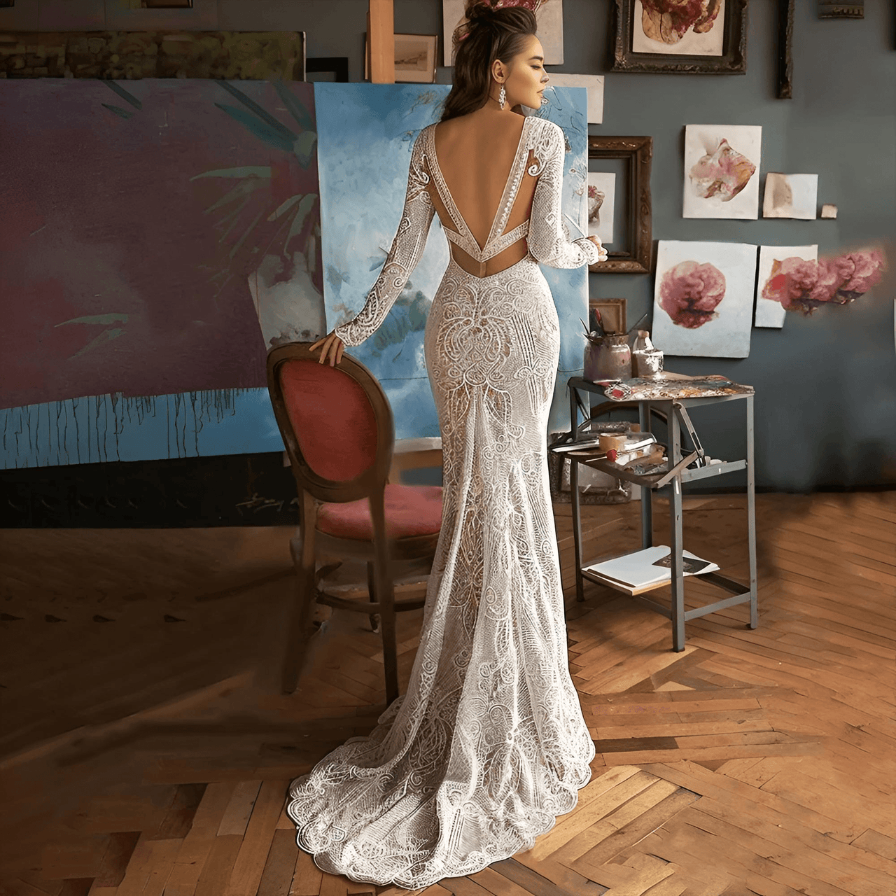 Custom Lace Mermaid Wedding Dress Backless Long Sleeves Sweep Train Boho Bridal Gown Custom Made Bohemian Deep V Neck Dress, Drestiny, Wedding Dresses, Maxi Dresses, Long Sleeves, White, Ivory, United States, USA, Canada, Australia, United Kingdom, UK, 2, 4, 6, 8, 10, 12, 14, 16, 16W, 18W, 20W, Custom Sizing, Mermaid wedding dresses with lace, Affordable lace mermaid wedding dress, Long sleeve lace mermaid wedding dress, Lace fishtail wedding dress , mermaid lace bridal gown, shopdrestiny.com