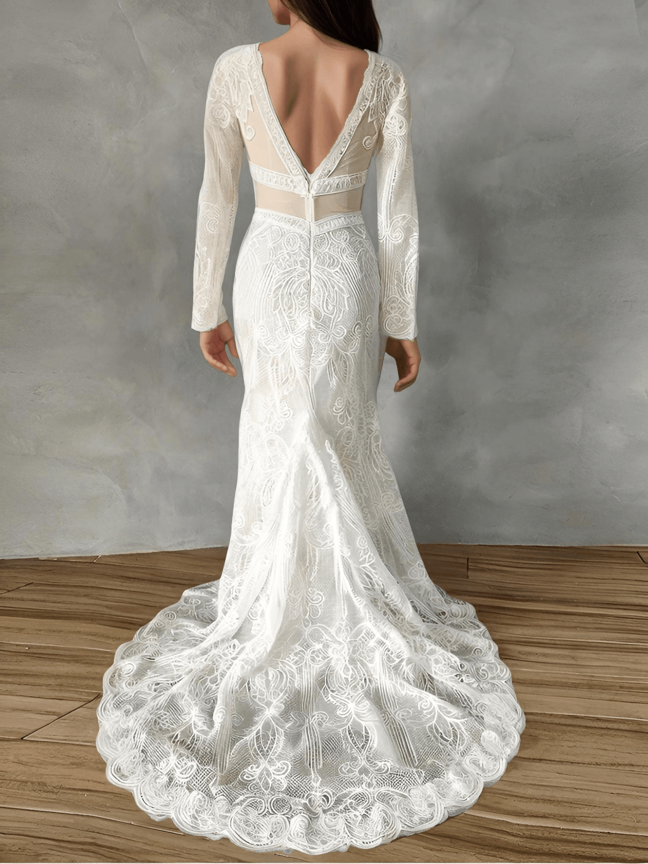 Custom Lace Mermaid Wedding Dress Backless Long Sleeves Sweep Train Boho Bridal Gown Custom Made Bohemian Deep V Neck Dress, Drestiny, Wedding Dresses, Maxi Dresses, Long Sleeves, White, Ivory, United States, USA, Canada, Australia, United Kingdom, UK, 2, 4, 6, 8, 10, 12, 14, 16, 16W, 18W, 20W, Custom Sizing, Mermaid wedding dresses with lace, Affordable lace mermaid wedding dress, Long sleeve lace mermaid wedding dress, Lace fishtail wedding dress , mermaid lace bridal gown, shopdrestiny.com