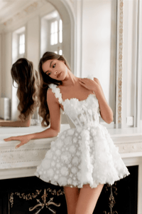 Thumbnail for Customized White Mini Prom Dress Flower Lace Embroidery Evening Dress Lace-Up Spaghetti Strap Party Dress, Drestiny, White, Sleeveless, United States, USA, Canada, Australia, New Zealand, United Kingdom, UK, Custom Colors, 2, 4, 6, 8, 10, 12, 14, 16, 18, 20, 22, 24, 26, 28, 14W, 16W, 18W, 20W, 22W, 24W, 26W, 28W, Custom Size, White short prom dress, White mini formal dress, white lace mini prom dress, White mini cocktail dress, shopdrestiny.com
