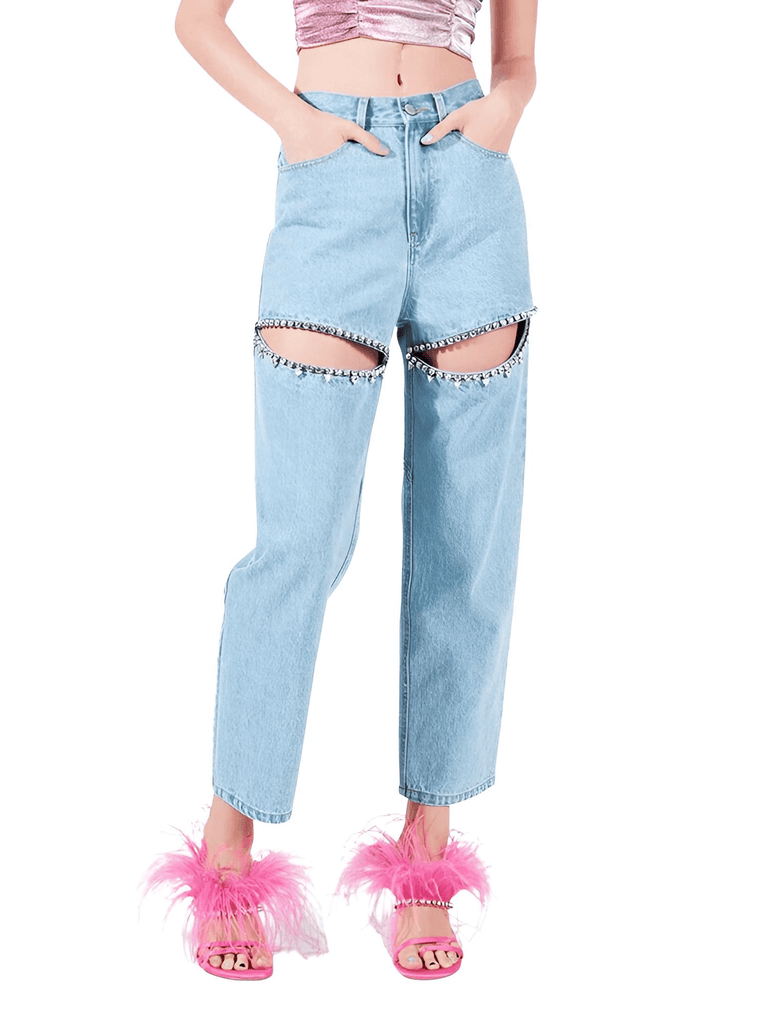 Cut Out Light Blue Jeans With Rhinestones For Women - 5 Styles!