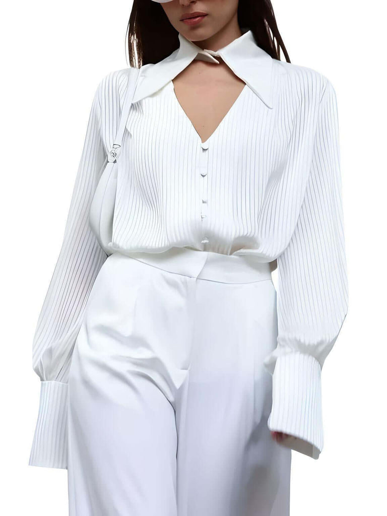 Drestiny-White Cutout Single-Breasted Blouse For Women