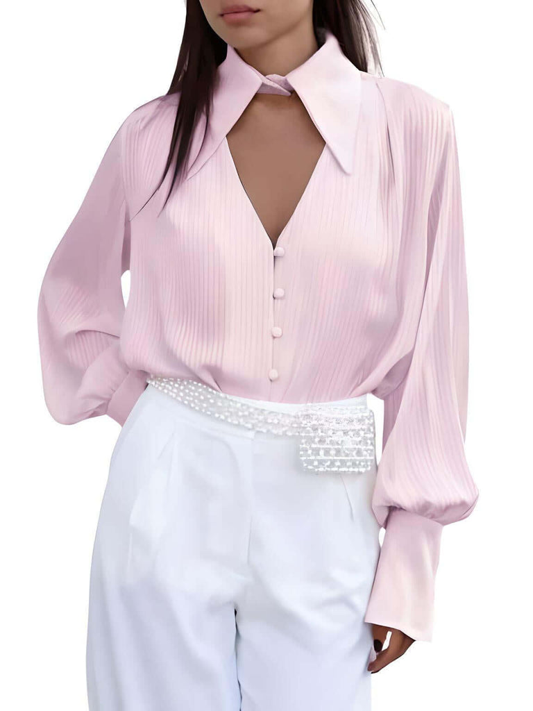 Cutout Single-Breasted Pink Blouse For Women