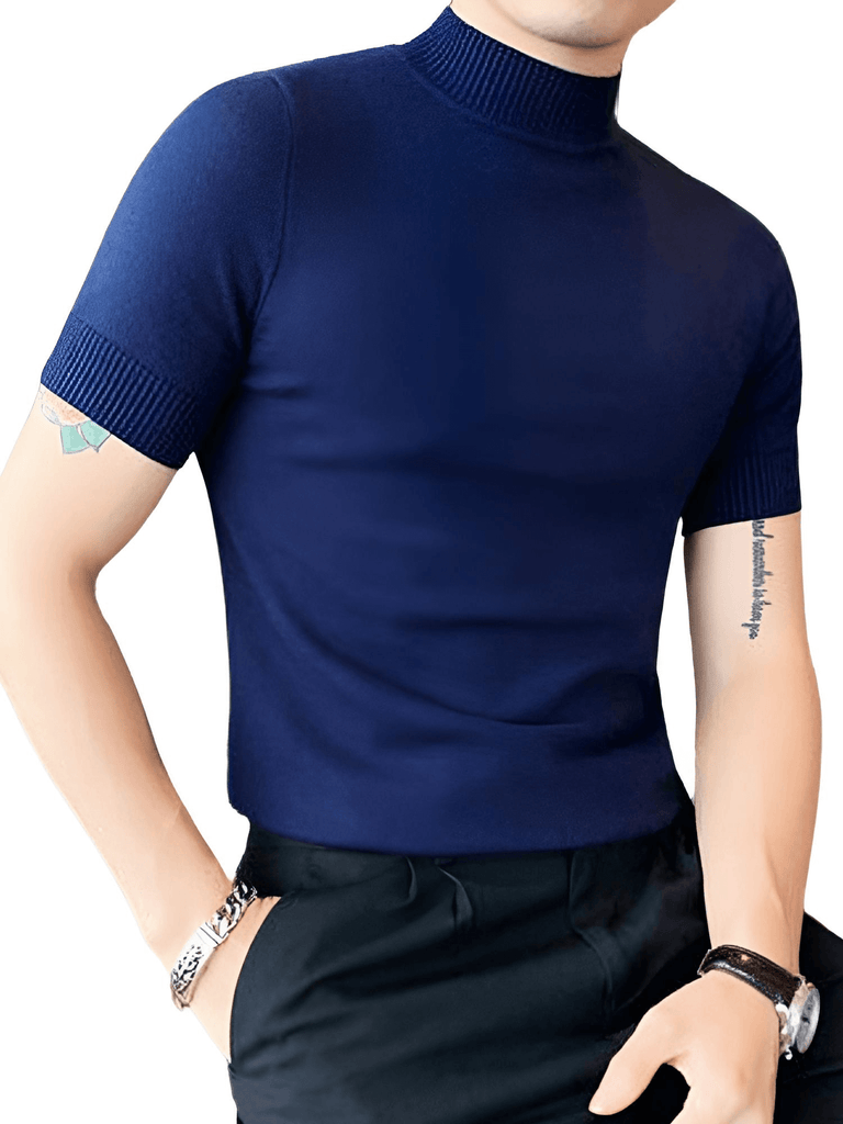 Drestiny-Dark Blue-Mock Turtleneck Men's Short Sleeve