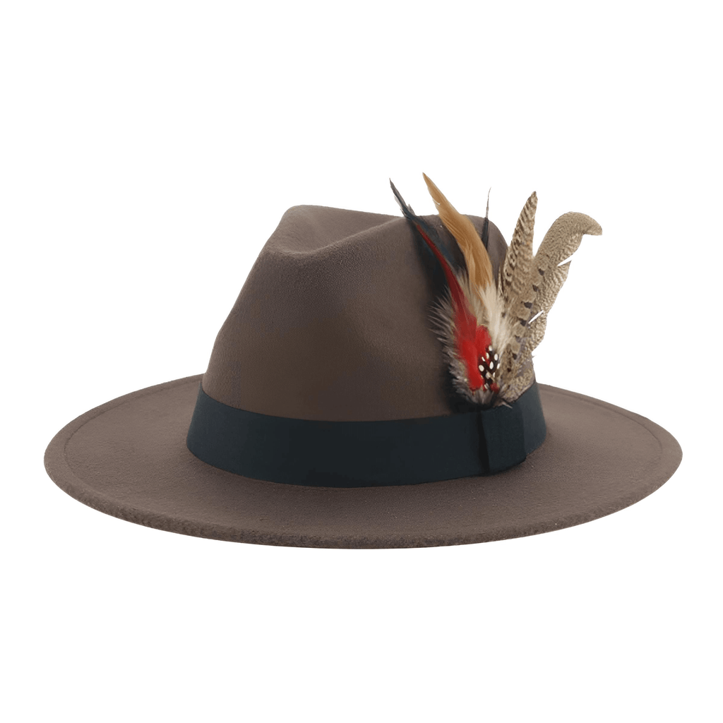 Dark Brown Fedora With Feather and Band Detailing For Men & Women