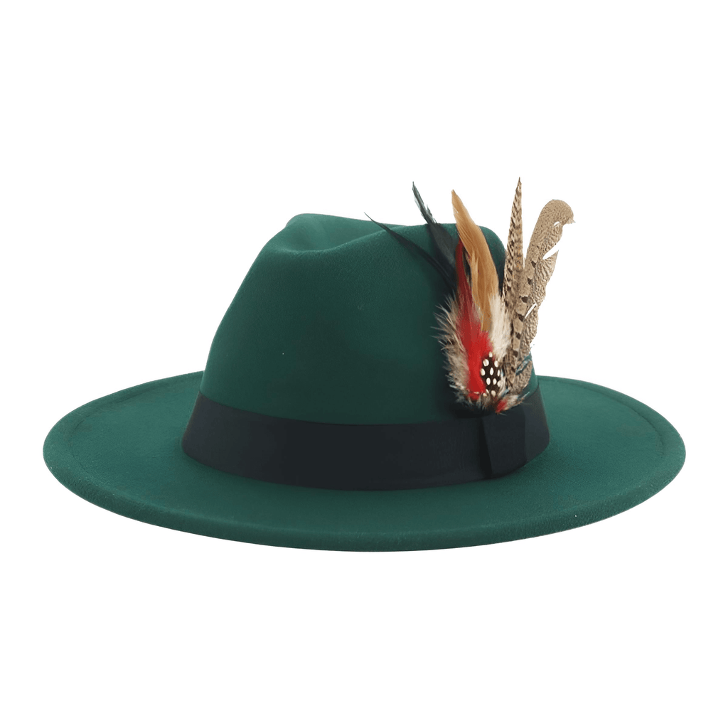 Dark Green Fedora With Feather and Band Detailing For Men & Women