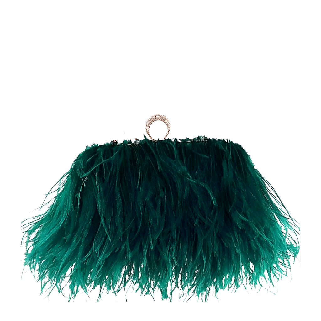 Shop Drestiny for the chic dark green Ostrich Feather Clutch! With a removable shoulder strap and satin interior, it's a must-have accessory. Enjoy free shipping and let us cover the tax. Don't miss out on up to 50% off for a limited time!