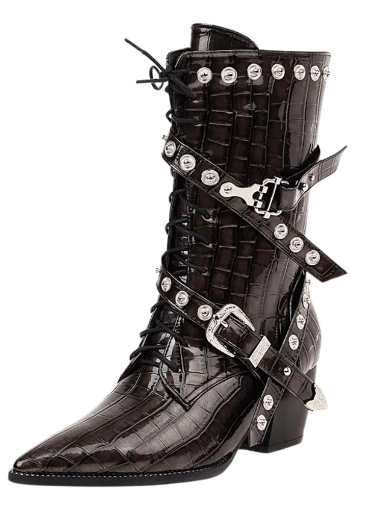 Chic Dark Grey Mid-Calf Boots For Women With Chunky Heels & Buckles