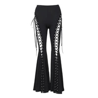 Thumbnail for Dark Black Sexy Women's Flared Lace-Up Pants Cut Out Bell Bottom Tied Up High Waist Streetwear, Drestiny, Casual Pants, Y2K Pants, Trousers, Black, XS, S, M, L, XL, XXL, 2XL, 3XL, XXXL, United States, USA, Canada, Australia, New Zealand, United Kingdom, UK, Lace-up pants, women's flared trousers, Bell bottom pants with lace detail, Flared jeans with corset detail, shopdrestiny.com