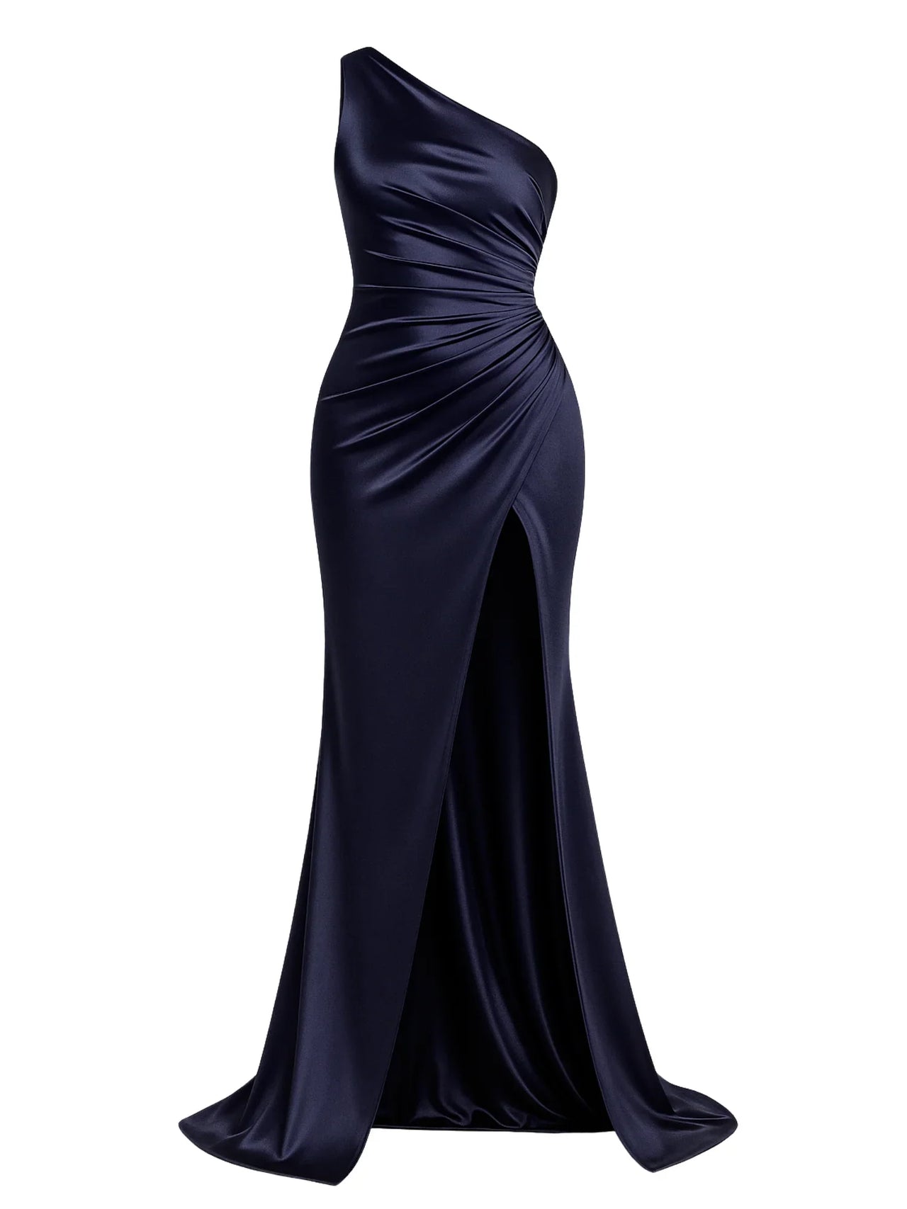 Dark blue one-shoulder draped maxi dress with a high slit on a white background