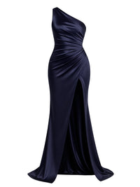 Thumbnail for Dark blue one-shoulder draped maxi dress with a high slit on a white background