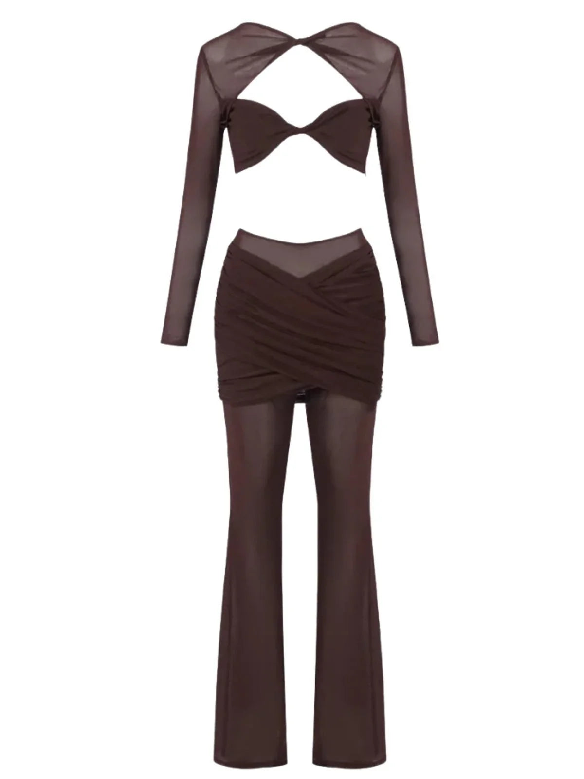 Woman's sheer 2 piece dark brown pant set with a hollow out crop top on a white background