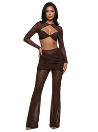 Thumbnail for Woman wearing a sheer 2 piece dark brown pant set with a hollow out crop top on a white background