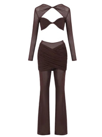 Thumbnail for Woman's sheer 2 piece dark brown pant set with a hollow out crop top on a white background