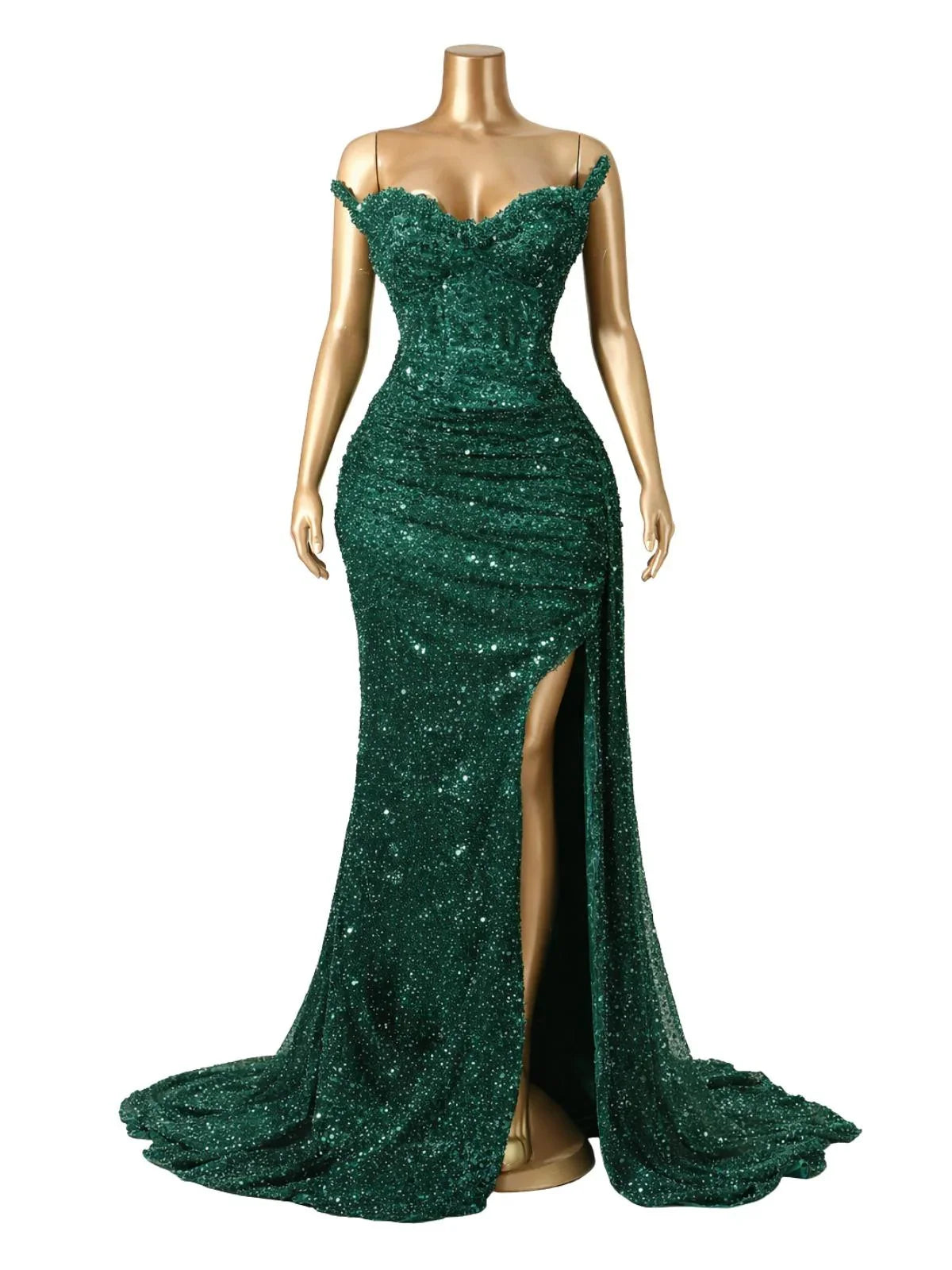 Dark green strapless sequin mermaid evening gown on a mannequin against a white background
