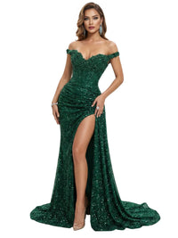 Thumbnail for Woman waring a dark green strapless sequin mermaid evening gown with a high slit on a white background