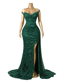 Thumbnail for Dark green strapless sequin mermaid evening gown on a mannequin against a white background