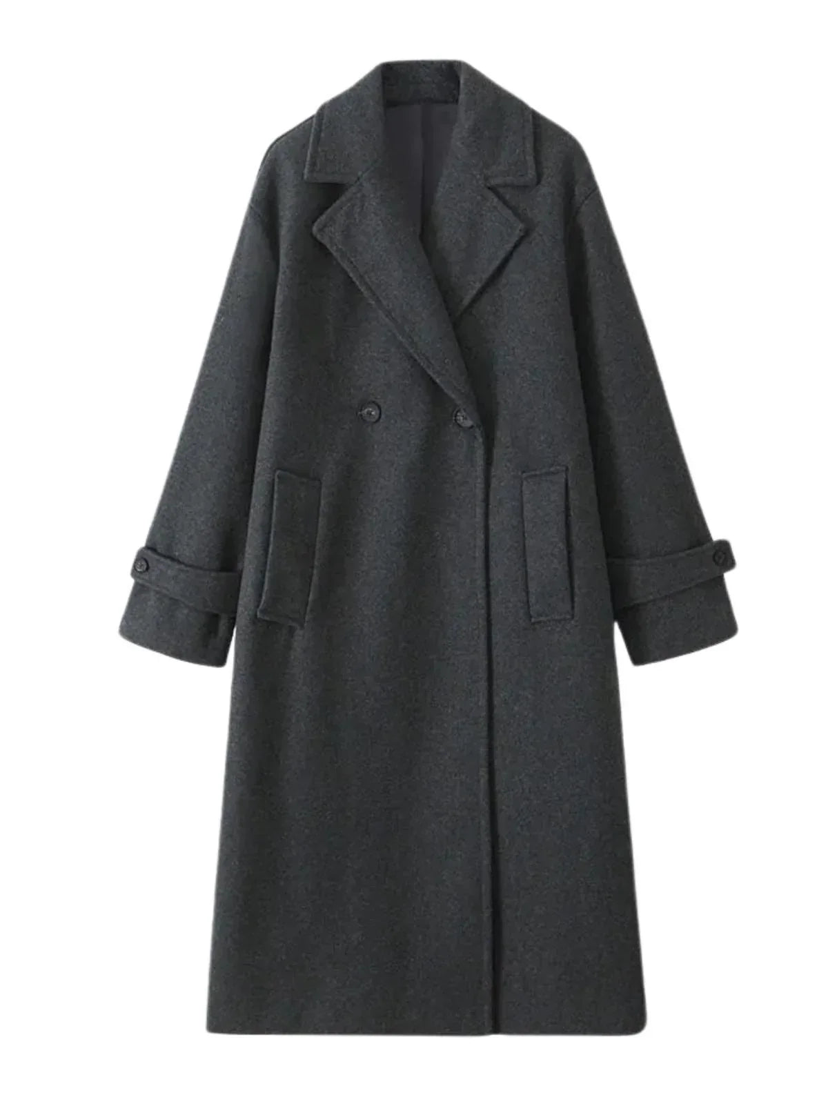 Long dark grey oversized coat with pockets and a turn down collar on a white background